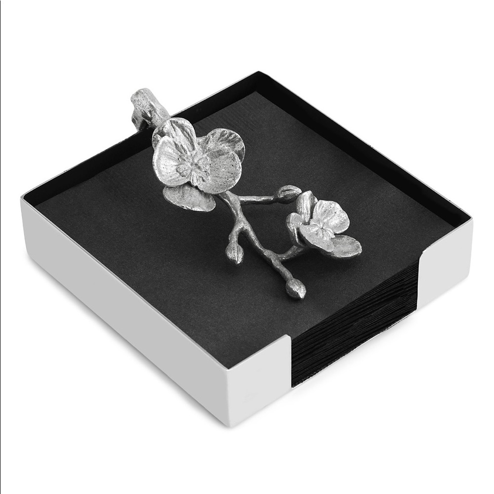 Michael Aram Silver Orchid Napkin Holder with Black Napkins